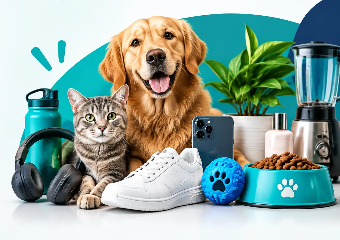 Un perro y un gato junto a productos de uso cotidiano